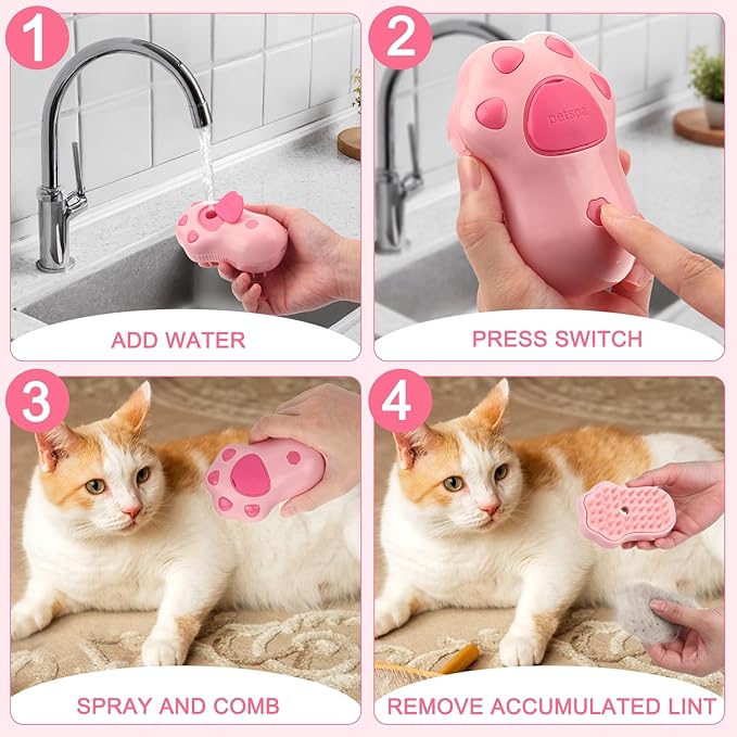 2Pcs Steamy Cat Brush - 3 in1 Cat Steamy Brush,Silicone Massage Grooming Brush with Water,Pet Hair Cleaner Brush Comb for Cats Dogs(Pink)