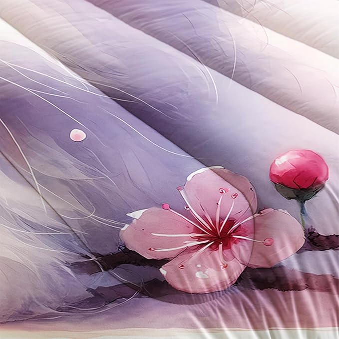 AILONEN Queen Bedding Set, Pink Cherry Blossom Kitten Comforter with 2 Pillowcases, 3 Piece Butterfly Cat Soft Duvet Set