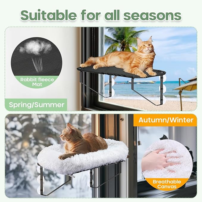 Cat Window Perch, Large Cats Window Hammock Bed Metal Shelf Perch Seat with Thermal Blankets & 6 Strong Suction Cups as Cat Wall Furniture Tree Accessories for Inside Sunbathing Napping Overlooking