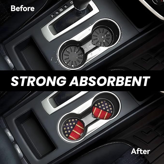 Absorbent Ceramic Car Coasters for Cup Holders, Vintage American Flag Design 2.56" Anti Slip Universal Drink Cup Coasters for Women Men (2 Pack)