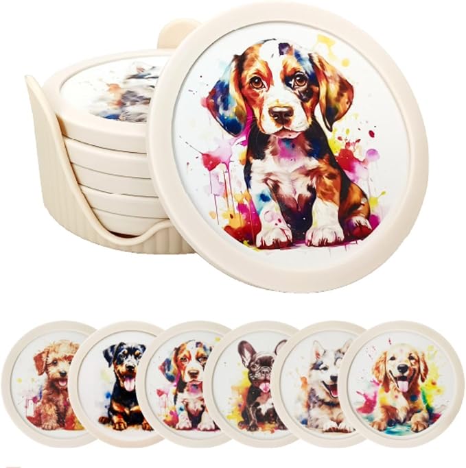 6 Pack Cute Dog Pattern Coasters with Deep Tray Holder, Double Sided Drink Coasters, Beverage Mats for Hot or Cold Drinks, Non-Slip, Non-Stick Silicone with Ceramic Insert Pet Patterned Coaster