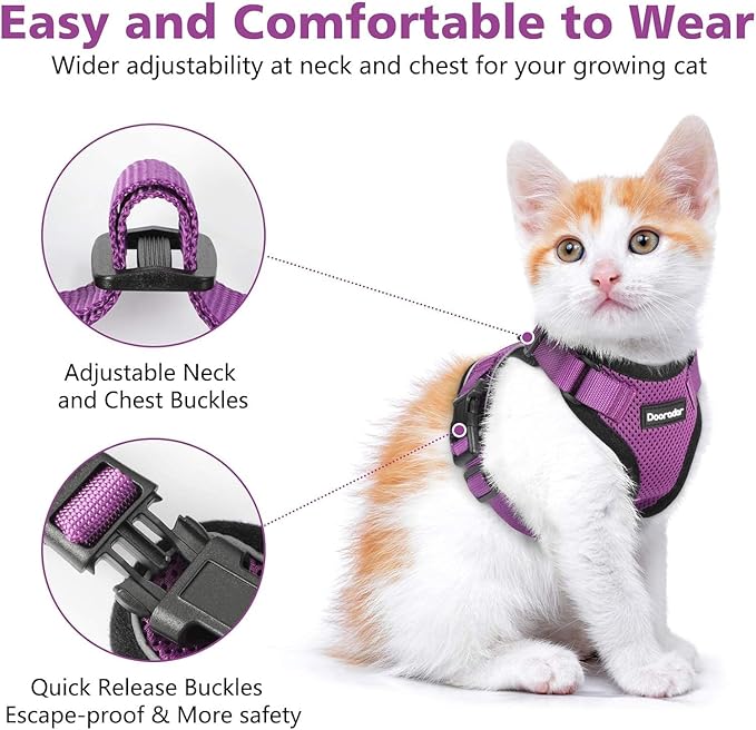 Dooradar Cat Harness and Leash Set, Escape Proof Safe Adjustable Kitten Vest Harnesses for Walking, Easy Control Soft Breathable Mesh Jacket with Reflective Strips for Cats, Purple, M