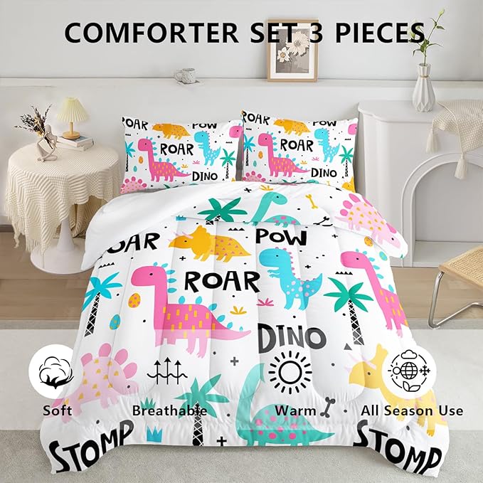 Axolotl Girls Bedding Cartoon Dinosaur Comforter Set Full Size,Cute Dinosaur Bedding Set for Girls Teens Kids Boys Adults Room Decor,Kids Comforter Set All Season,1 Quilt 2 Pillow Cases,White