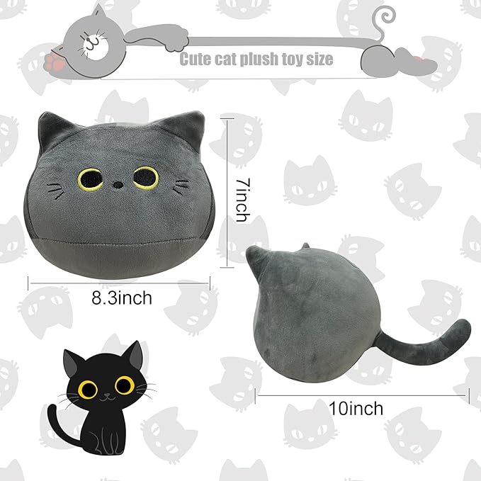 10'' Cute Gray Cat Plush Toys, Soft Cat Pillow Squishy Plushies, Cat Stuffed Animals Kawaii Plush Toys Home Decoration Gift for Cat Lovers Kids Boys Girls (Gray, 10 Inch)