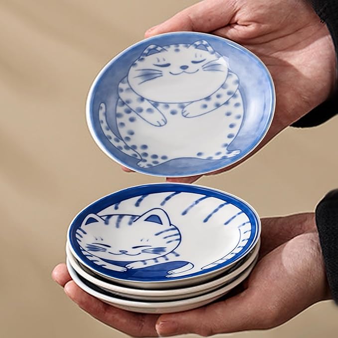 4 Pcs 4 Inches Cute Cat Soy Sauce Dish,Ceramic Cat Bowls,Japanese Cat Plates,Dipping Bowls,Snack Dish,Small Ceramic Saucers Plates, Sushi Plate Set, Mini Bowls, Small Bowls for Sides Dish (4 Inch)