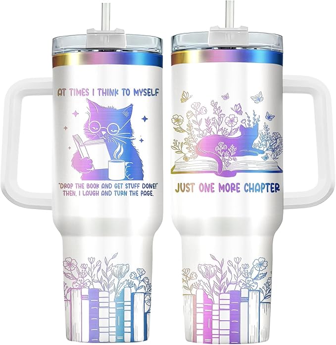 34HD Engraved Cat Mom Tumbler with Handle and Straw, 40oz Cute Gradient Book Cup Stainless Steel, Bookworm Coffee Mug, Cat and Book Birthday Gifts for Women Men Friends