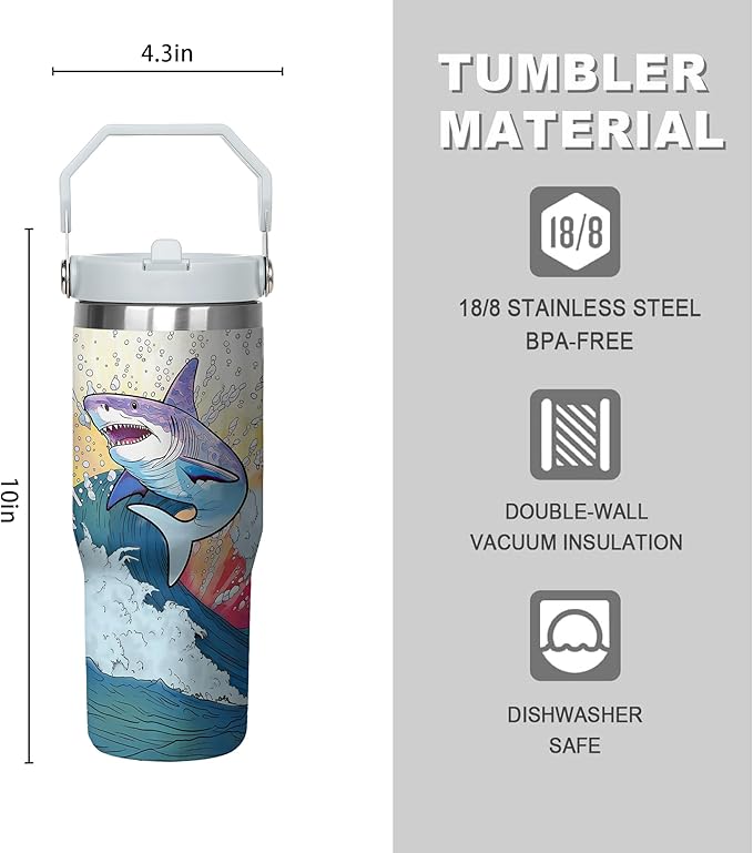 30 Oz Shark Tumbler with Handle and Straw, Insulated Shark Cups with Straws, Double Wall Stainless Steel Shark Mug, 30 Oz Leak Proof Shark Coffee Mug and Shark Tumbler for Adults Gifts