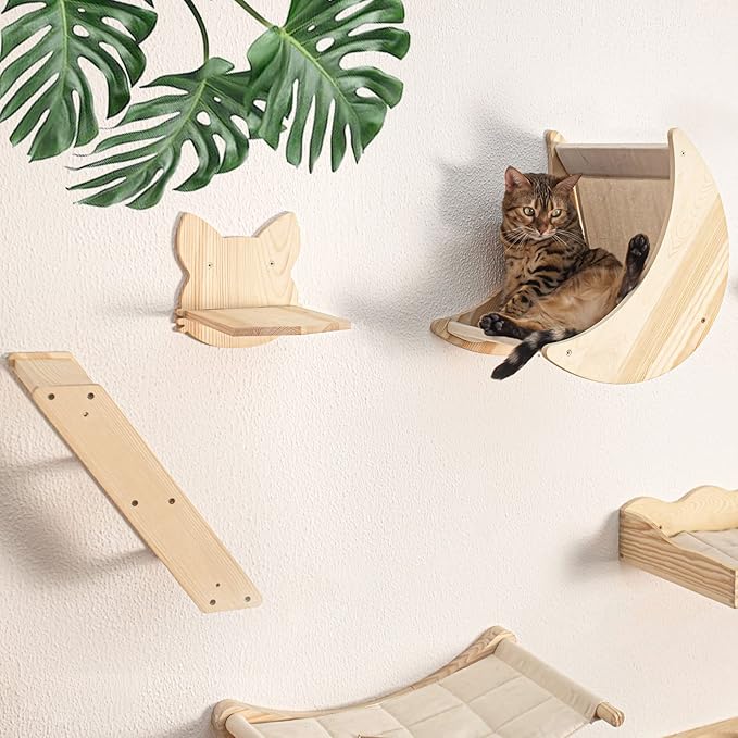 Cat Shelf for Wall Mount Hammock with Climbing Shelves and Perches Solid Wood Cat Steps for Climbing Sleeping Playing Lounging Perching