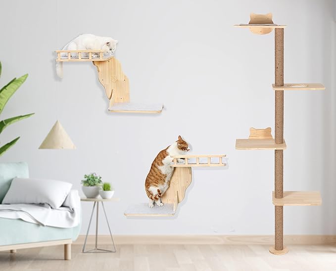 Wall Mounted Cat Shelves for Inside,2-Levels Wall Perch with Scratching Mat,Solid Pine Wood Floating Furniture for Climb,Lounge and Sleep (Left)