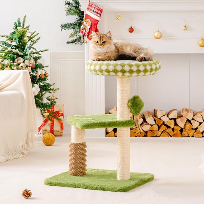 Mewoo Small Cat Tree Tower, Cat Tower with Scratching Post, Cat Trees with Removable Cat Perch for Indoor Cats Large Adult, Cute Cat Tree with Interactive Cat Toys for Kittens (Green, Large)