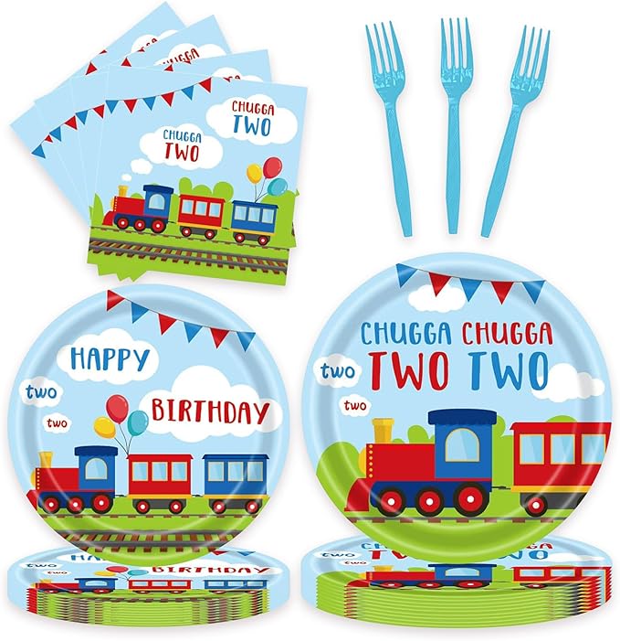 96 Pcs Train Party Plates Napkins Forks Supplies Favors Tableware Set Disposable Paper Chugga Chugga Two Two 2nd Birthday Decorations, Serves 24 Guests