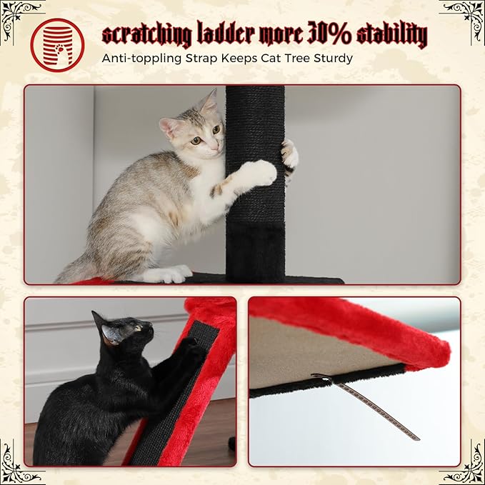 PETEPELA Floor to Ceiling Cat Tree, Gothic Cat Tower 5 Tiers Tall (83-108 Inches) Adjustable Height, Cat Climbing Tree Featuring with Cat Condo, Cat Scratching Post Cat Perches for Indoor Cats, Black