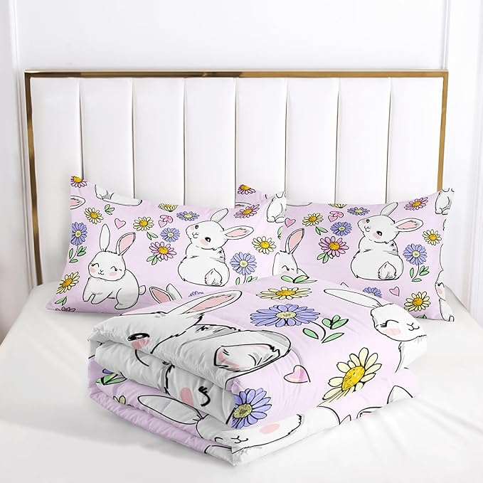 AILONEN Rabbit Comforter Set Twin Size, Cute Bunny Bedding Set,Girls Kids Kawaii Comforter Set,Colorful Daisy Floral Duvet Set 3 Pieces, 1 Quilt and 2 Pillowcases