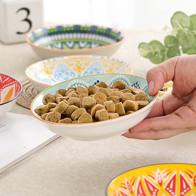 5.5 inch Wide Shallow Cat Food Bowl Set for Relief Whisker Fatigue -Ceramic - 6 Colorful Cute Small Flat Kitten Feeding Dish/ Dishes - Microwave and Dishwasher Safe - 8 oz