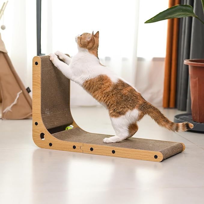 Cat Scratcher Cat Claw Board L-Shaped Vertical Simple and Durable Cat Claw Board Not Easy to Drop Scraps Belt Bell Ball Cat Scratching Board (Grainy)