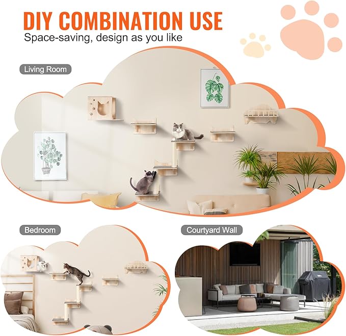 VEVOR Wall Mounted Cat Shelves, Cat Wall Shelves and Perches with Jumping Boards, Nest, Barrier Board & Cat Tree, Cat Floating Furniture up to 40 lbs for Sleeping, Playing, Climbing, Set of 5