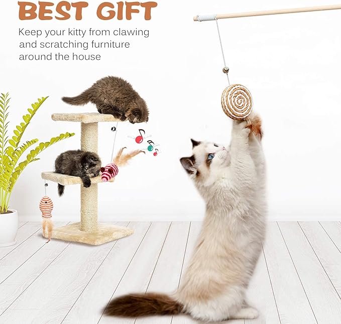 3 PCS Cat Wand Toys, 16 Inch Natural Wooden Cat Teaser Wand Toys with 5 PCS Silvervine Sticks for Cat, Interactive Cat Feather Wand Toy for Indoor Cats, Elastic String Cat Pole Toy with Bell, Feather