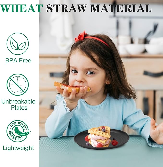 6 Inch Dessert Plates Set of 8, Unbreakable Wheat Straw Appetizer Plates, Reusable Plastic, Microwave & Dishwasher Safe, Mini for Kitchen (Black)