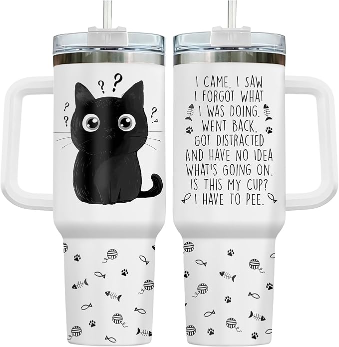 34HD Funny Black Cat Tumbler with Handle and Straw, 40oz Double Wall Vacuum Insulated Pet Mug, I Came I Saw Forgot Cup, Cat Gifts for Women Men Birthday Mothers Day Halloween Christmas