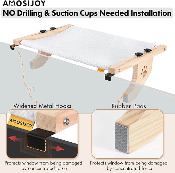 AMOSIJOY Cat Sill Window Perch Sturdy Cat Hammock Window Seat with Wood & Metal Frame for Large Cats, Easy to Adjust Cat Bed for Windowsill, Bedside, Drawer and Cabinet