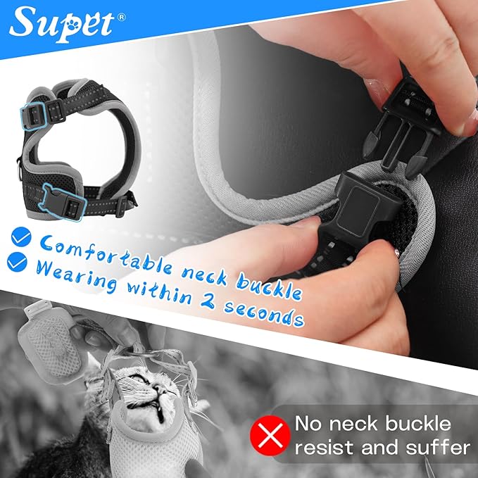 Supet Cat Harness and Leash for Walking Escape Proof, Adjustable Harness for Cats, Easy Control Small Cat Harness for Medium Large Kitten XS