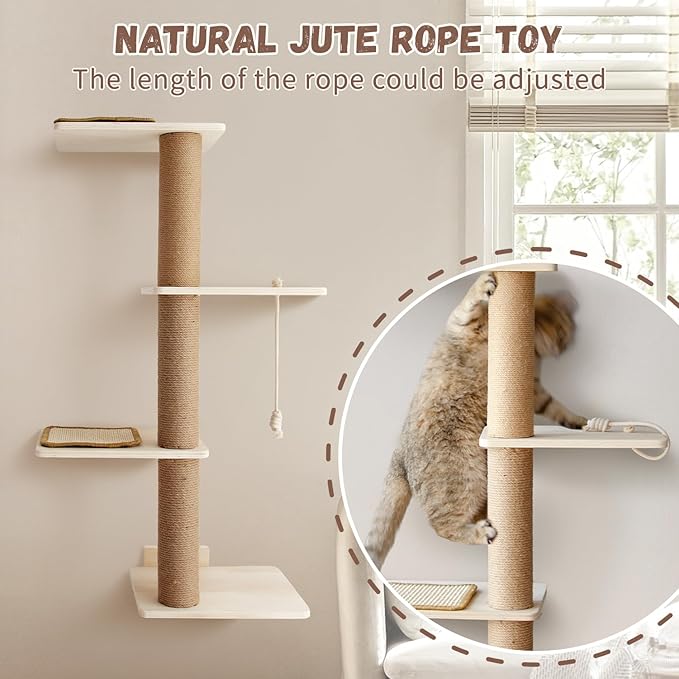 Cat Scratching Activity Tree Cat Climbing Tall, Wall Mounted Cat Climbing Tower 4 Tier, Natural Sisal Rope Cat Scratching Post
