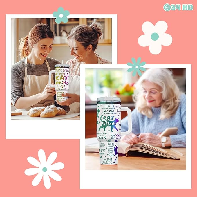 34HD Funny Engraved Cat Mom Tumbler with Handle and Straw 40oz, Paw Mom Cup Insulation, Birthday Mothers Day Gifts for Cat Lovers Women Auntie Friends