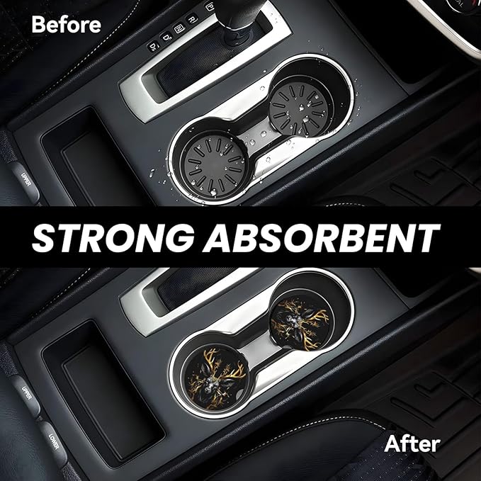 Absorbent Ceramic Car Coasters for Cup Holders, Black Gold Deer Design 2.56" Anti Slip Universal Drink Cup Coasters for Women Men (2 Pack)