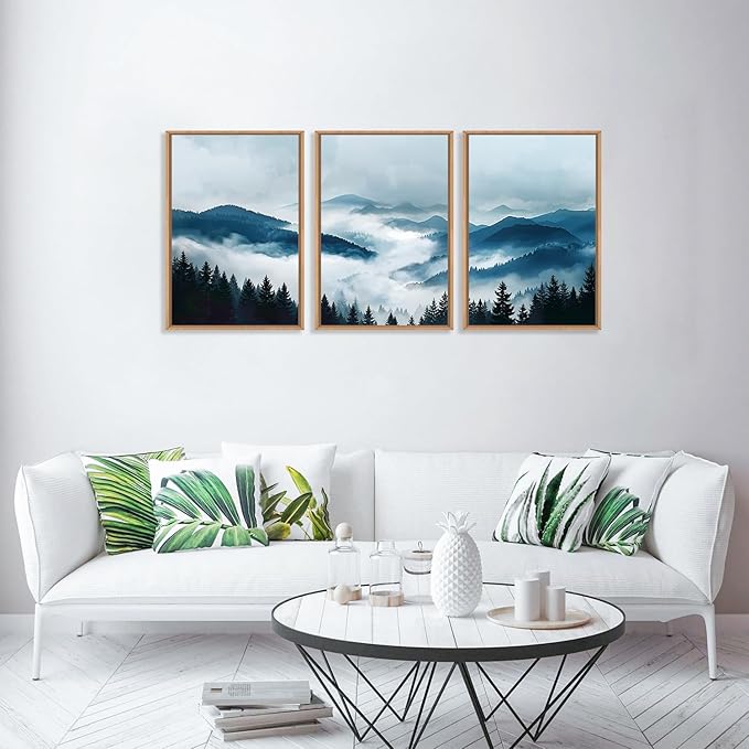 Ausril Blue Boho Mountain Framed Canvas Wall Art Set, Watercolor Misty Forest Wall Decor, Foggy Pine Tree Wall Painting, Nature Mountain Landscape Art Print for Living Room, Bedroom, Office 16"x24"x3