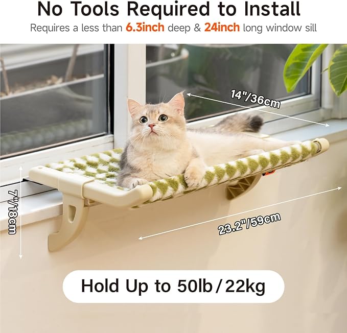 MEWOOFUN Cat Window Sill Perch for Indoor Cats, One-Step Sliding Clamping Slot Adjustment Cat Window Hammock with Removable Covers, Cat Bed for Windowsill & Bedside (Green, Large)