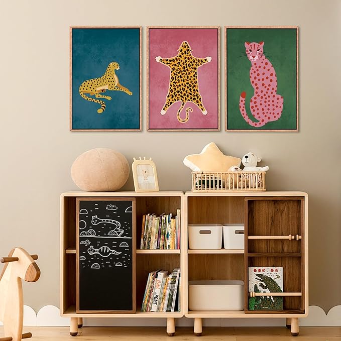 Ausril Cheetah Animals Framed Canvas Wall Art Set, Leopard Preppy Room Wall Decor, Modern Boho Cats Wall Painting, Pink Dot Cartoon Art Print for Living Room Bedroom Dinning Room Office 16"x24"x3
