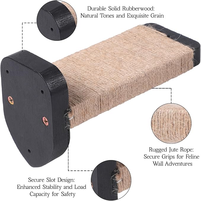 3pcs Cat Wall Steps, Cat Climbing Wall Mounted Cat Furniture, Cat Wall Shelves Cat Steps for Wall with Hemp Rope Covered, Solid Wood Cat Ladder for Cats Playing and Climbing (Standard-Black)