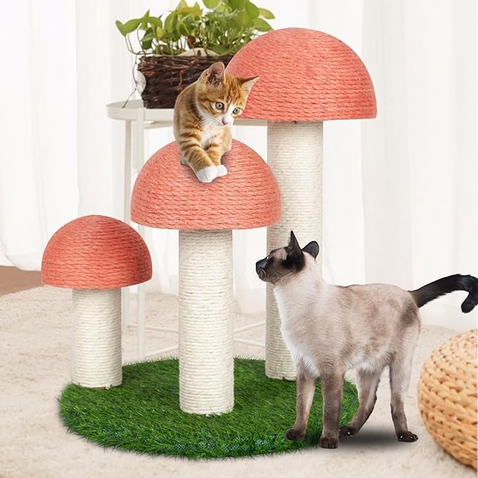 PowerKing Cat Scratching Post, Mushroom Claw Scratching Post for Cat, Natural Sisal Cat Scratchers with 3 Mushroom Pole, Cat Interactive Toys