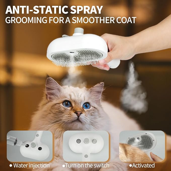 3 in 1 Cat Brush for Shedding - Spray Pet Hair Removal Comb with Water Tank and Release Button - Steamy Cat Brush - Pet Spray Hair Comb for Dogs and Cats