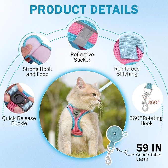 SCENEREAL Cat Harness and Leash Set Escape Proof, Adjustable Soft Air Mesh Kitten Harnesses for Girls Boys Small Medium Big Cats, Reflective Light Travel Pet Walking Vest for Puppy Rabbit, Pink S