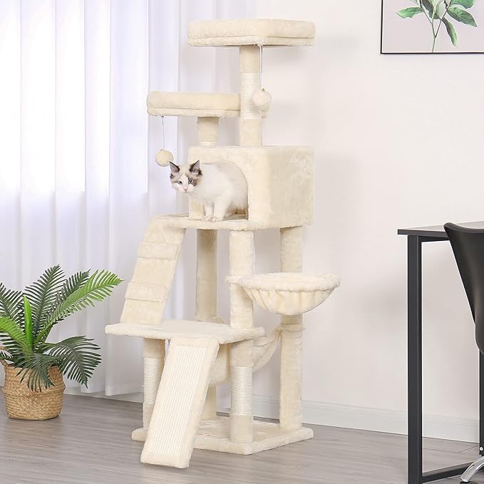 Heybly Cat Tree, Cat Tower for Indoor Cats,Multi-Level Cat Furniture Condo for Cats with Padded Plush Perch, Cozy Basket and Scratching Board Beige HCT014M