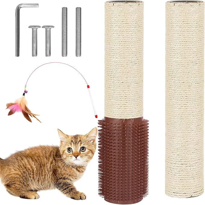 Cat Scratching Post Replacement Pole Refill 16in M8 Cats Tower Replacement Parts with Self Groomer Massager Spare Jute Kitty Tree Refurbishment Accessories for Indoor Kittens (Khaki)