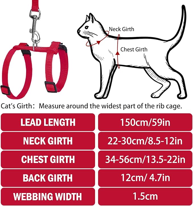 PUPTECK Adjustable Cat Harness and Leash Set Escape Proof Kitten Strap Collar for Walking Travel, Red, M