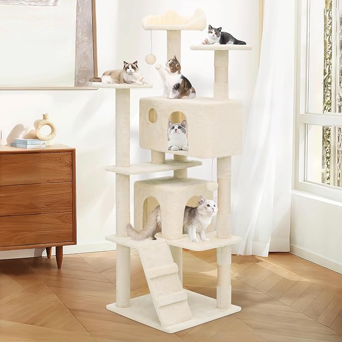 MoNiBloom Cat Tree, 60 Inch Cat Tree Tower with 2 Cat Condo, Cat Tower with Scratching Post, Cat Climbing Tower, Cat Tree for Indoor Cats, Beige