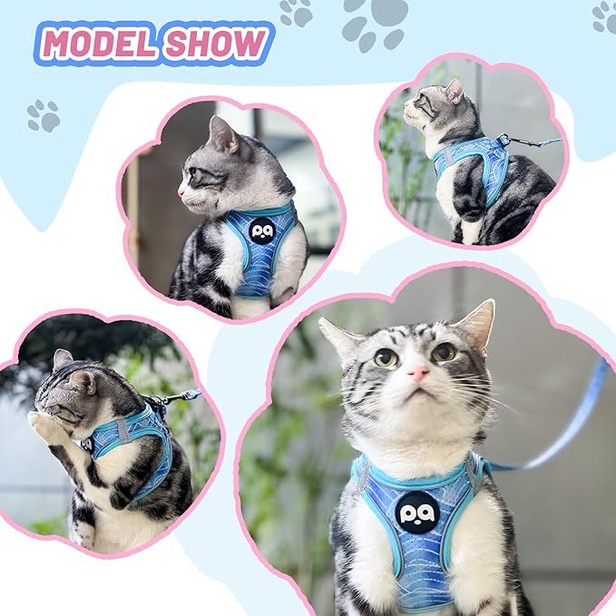 Cat Vest Harness Leash Set: Escape Proof & Reflective Kitten Soft Mesh Vest for Small Medium Large Puppy Pets Walking Hiking and Traveling(Large,Blue)