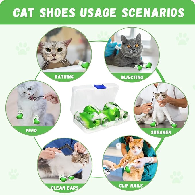 4 Pcs Cat Boots for Cats Only Cat Claw Covers Silicon Cat Mittens to Prevent Scratching Cat Booties for Bathing Nail Clipping Barbering Treatment (Green&White)
