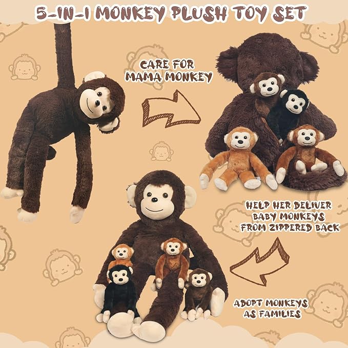 5 PCS Monkey Stuffed Animal, Large Mommy Stuffed Monkey Toy with 4 Baby Monkeys in Zippered Pouch, Huggable Monkeys Plush for Kids Forest Party Decor Christmas Birthday Gifts
