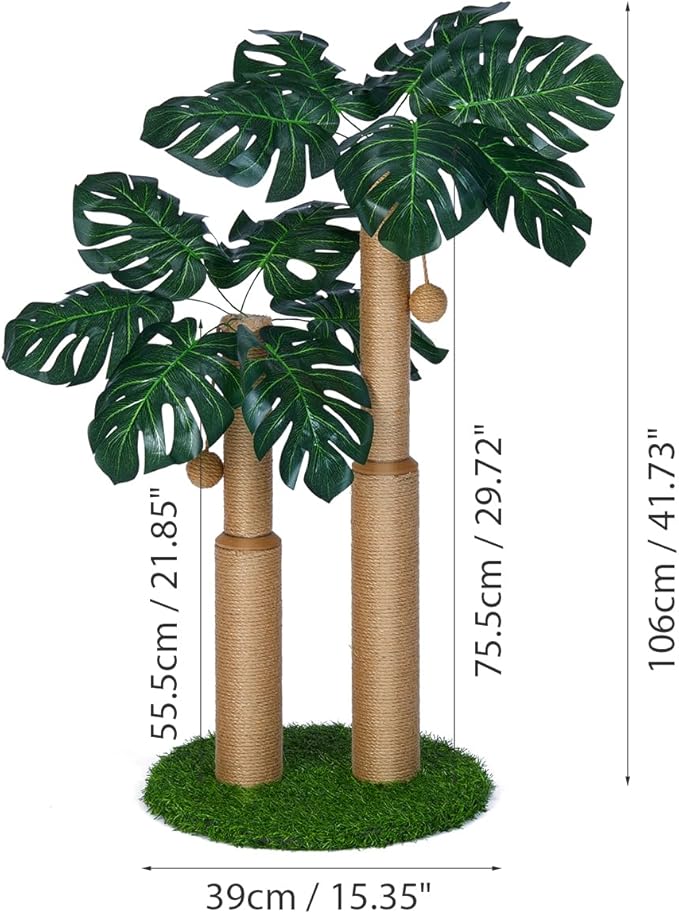29.7inch Cat Scratching Post,Cat Scratcher Cat Tree with 2 Sisal Scratching Poles & 2 Interactive Dangling Balls,Cats Scratching Posts for Indoor Kitten & Adult Cats (2 Posts Monstera Tree)
