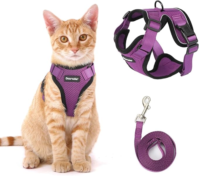 Dooradar Cat Harness and Leash Set, Escape Proof Safe Adjustable Kitten Vest Harnesses for Walking, Easy Control Soft Breathable Mesh Jacket with Reflective Strips for Cats, Purple, M