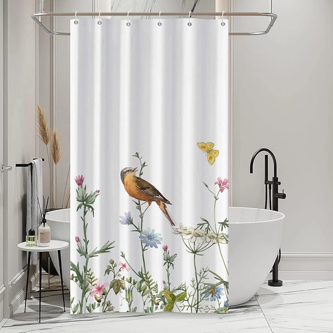 AWERT Small Half Size Stall Shower Curtain with 6 Hooks Funny Bird Shower Stall Curtain for Bathroom/RV and Camper (Bird) 36x72 inch
