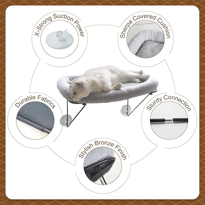 Cat Window Perch - 100% Metal Supported from Below - Comes with Warm Spacious Pet Bed - Cat Window Hammock for Large Cats & Kittens - for Sunbathing, Napping & Overlooking (Grey)