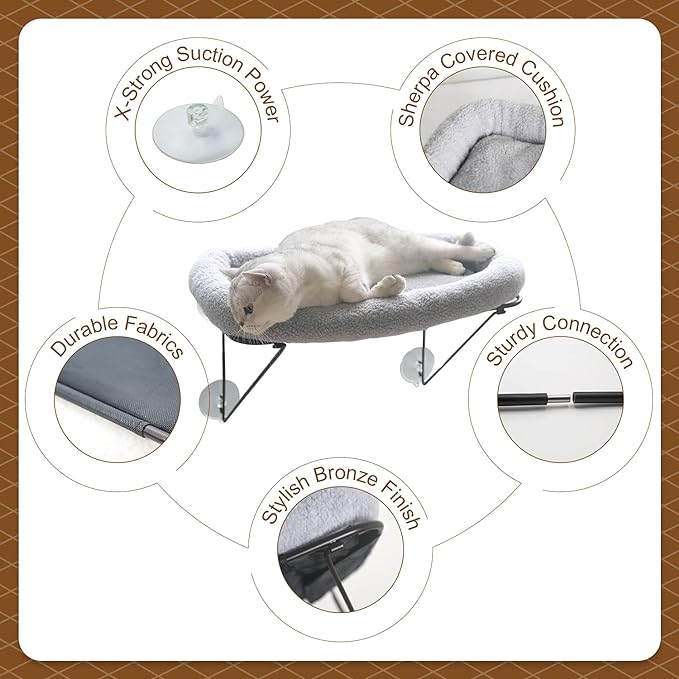 Cat Window Perch - 100% Metal Supported from Below - Comes with Warm Spacious Pet Bed - Cat Window Hammock for Large Cats & Kittens - for Sunbathing, Napping & Overlooking (Grey)