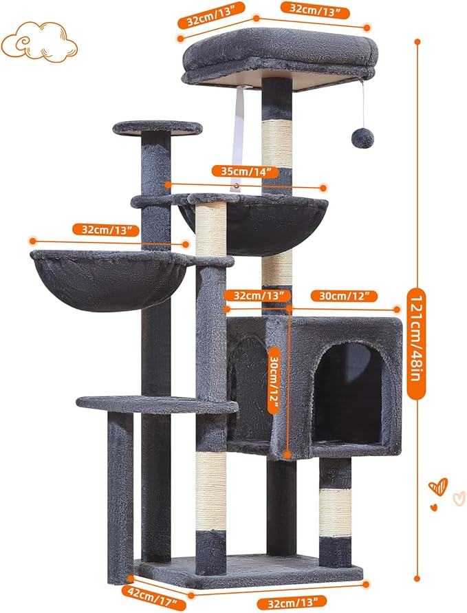 Taoqimiao Cat Tree, 48-Inch Cat Tower for Kittens, Cat Tree Tower with 5 Scratching Posts, Plush Cat Condo with Plush Perch, 2 Hammock, Pompoms, Smoky Gray MS019L-G