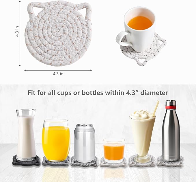 Adorable Cat Decor Drink Coasters: Set of 6 Cotton Coasters for Lovers, Funny and Novelty Office Supplies, Housewarming Gift, Gray