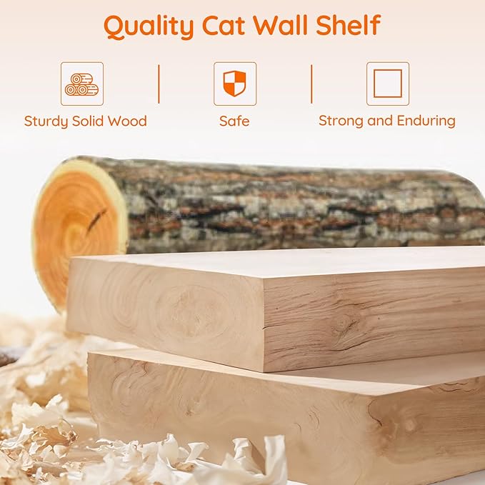 HOOBRO 4-Tier Wooden Cat Climbing Wall Shelves, Wall-Mounted Cat Wall Shelves Furniture, Cat Wall Step with Jute Scratching Rope, Solid Oak, 40-lb Load Capacity, Easy to Assemble, Natural NL12CS03N1